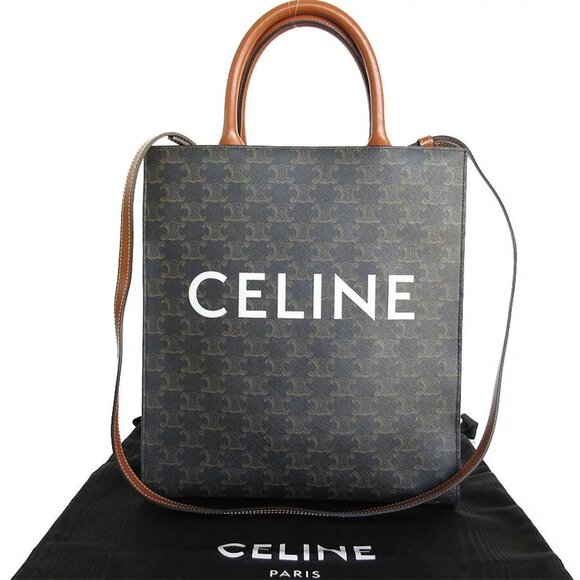 Auth CELINE Triomphe Vertical Cabas Handbag Shoulder Bag Brown PVC - Picture 1 of 12